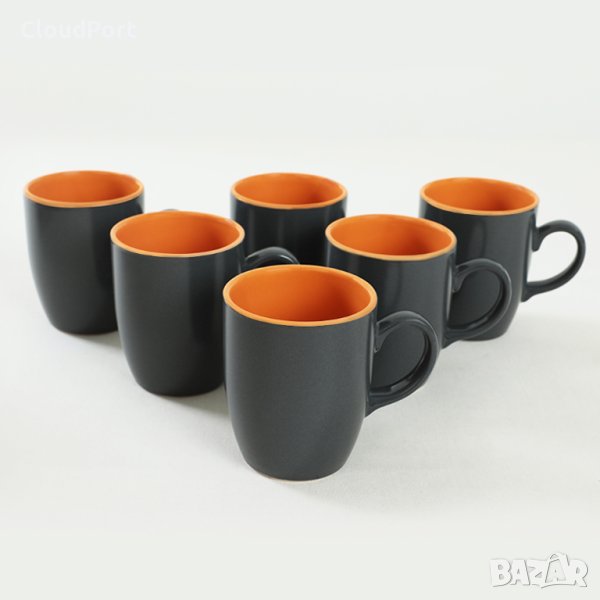 Комплект от 6 чаши, Keramika, керамични, Grey-Orange, 300 ml, 9 cm, снимка 1