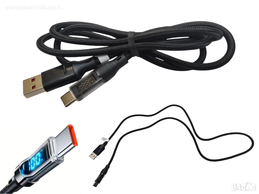 Кабел за бързо зареждане с LED дисплей USB към Type-C, снимка 1