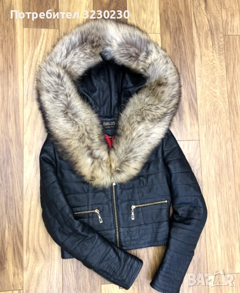 Дамско кожено яке с качулка с косъм от лисица, снимка 1