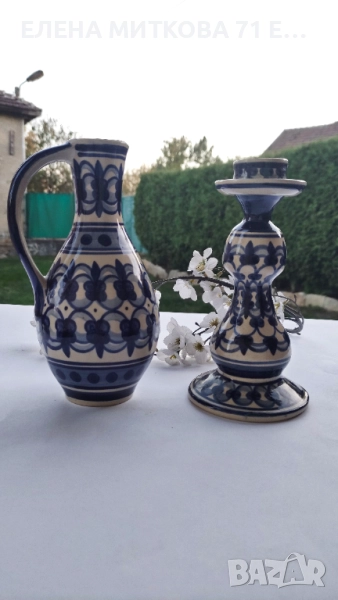 Керамичен лот в екрю и синьо произв.ГДР, снимка 1