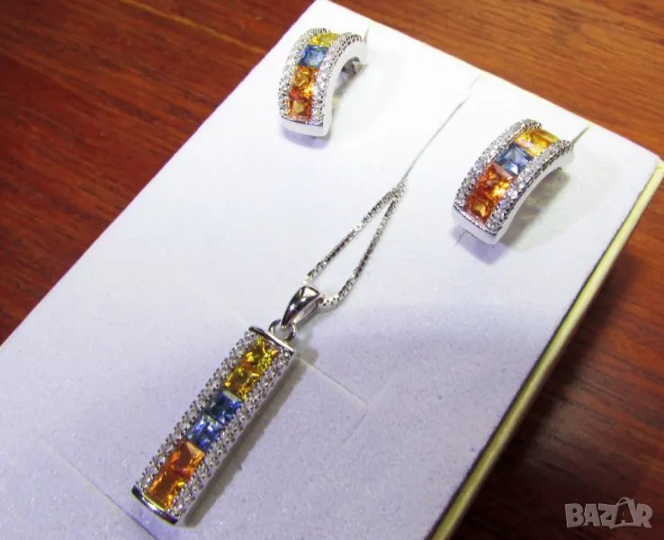 925 сребърен комплект обеци и колие със сапфир и топаз подходяща за подарък, снимка 1