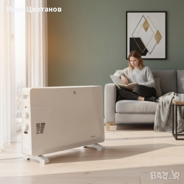 Конвекторен отоплител Rosberg – 2500W, 3 степени, с вентилатор, защита от прегряване (бял или черен), снимка 1