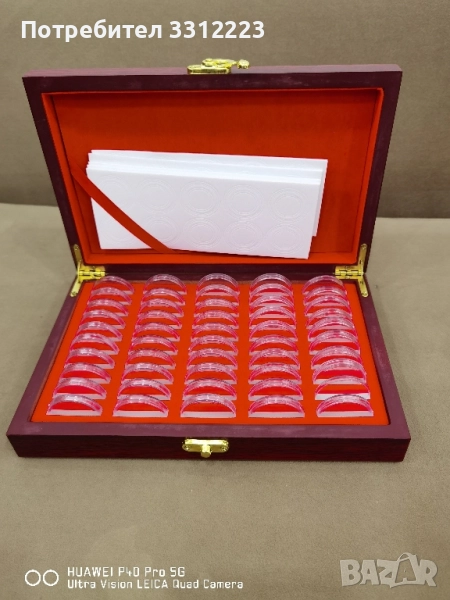 Дървена кутия за 50 бр монети + капсули + уплътнители за съхранение на монети, снимка 1