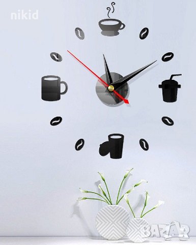  черен чаши зърна кафе стенен часовник уникален атрактивен дизайн 3D за кухня или кафене заведение, снимка 1