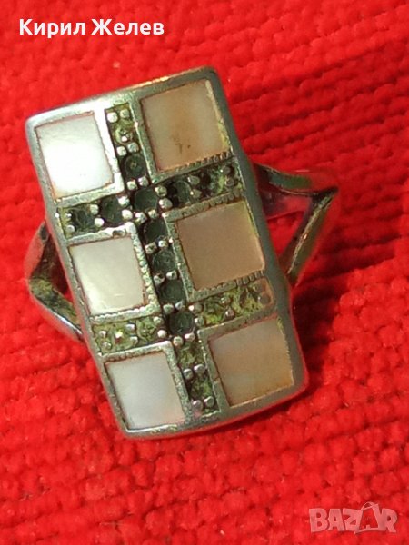 СРЕБЪРЕН СЕДЕФЕН АРТ ПРЪСТЕН СРЕБРО 925 с ШЛИФОВАН РОЗОВ СЕДЕФ и МАРКАЗИТИ - ЧАСТ от КОПЛЕКТ 27694, снимка 1