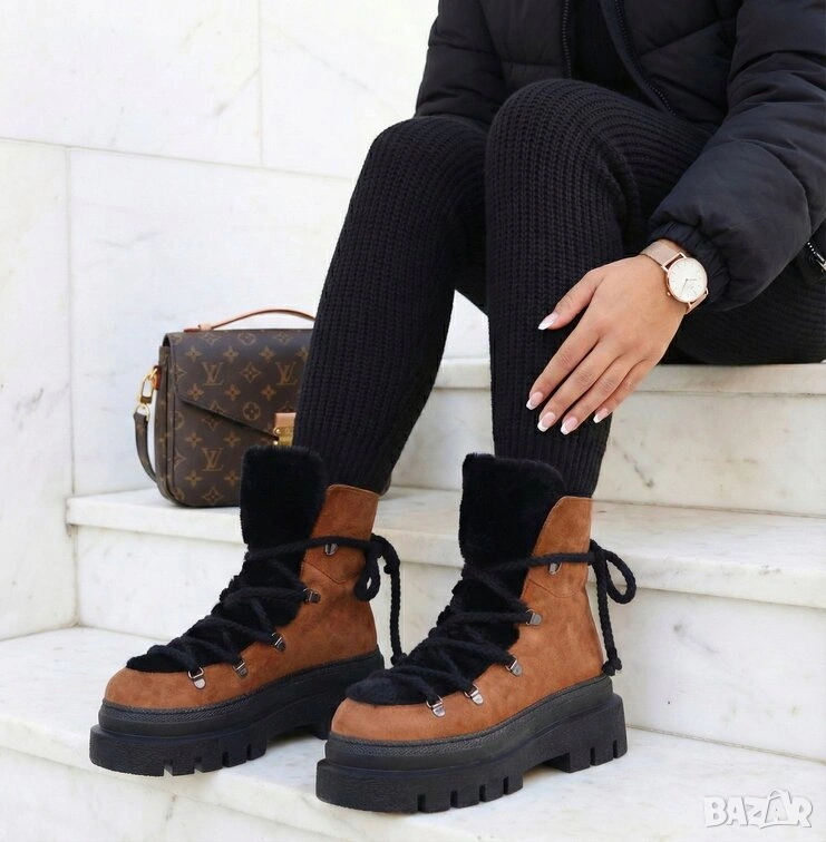 Боти на платформа - кафяво и черно велур, снимка 1