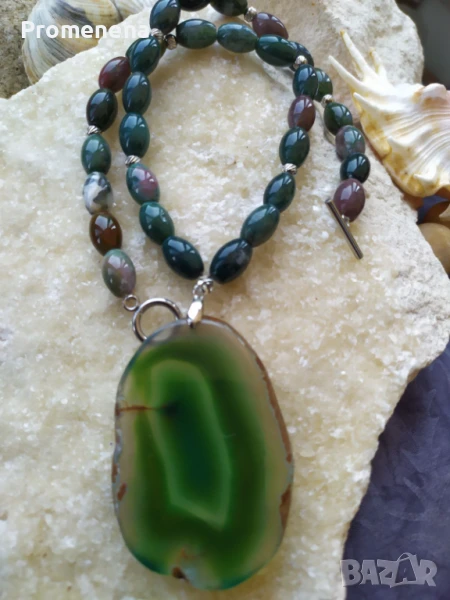 Колие от Индийски Ахат с плоча от зелен Ахат, снимка 1