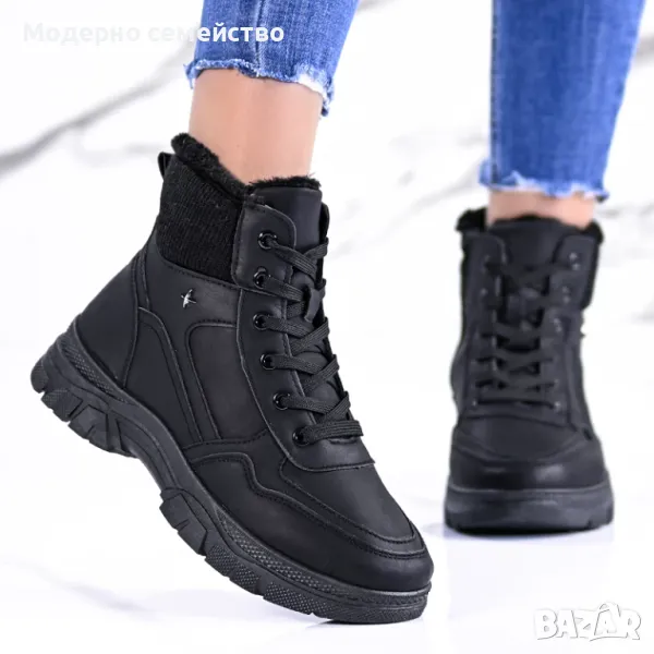 Зимни дамски боти с връзки и топла вата , снимка 1