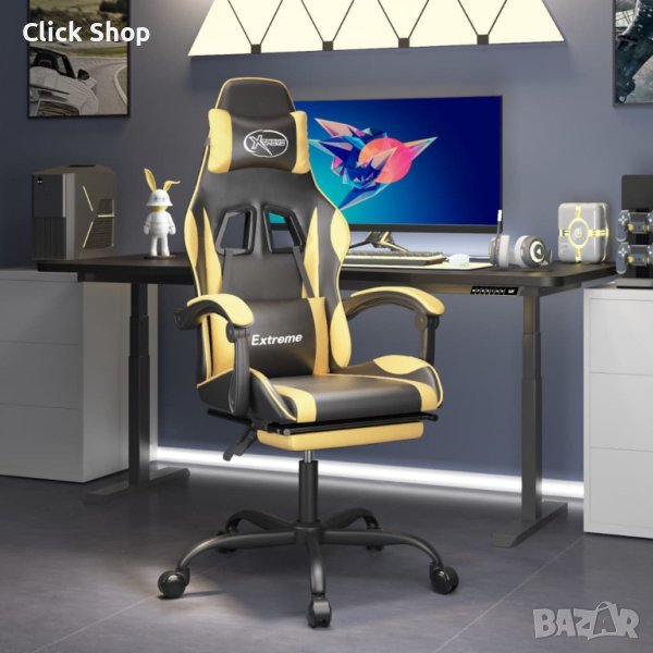 Въртящ гейминг стол опора за крака черно-златен изкуствена кожа, снимка 1