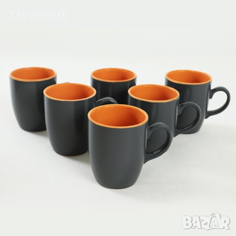 Комплект от 6 чаши, Keramika, керамични, Grey-Orange, 300 ml, 9 cm, снимка 1 - Чаши - 42341818
