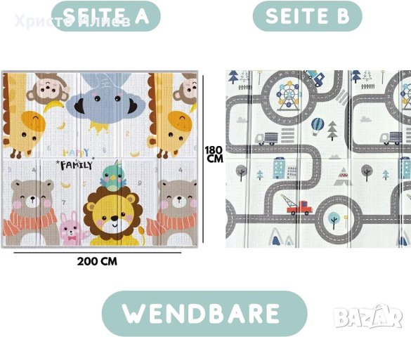 Мек килим за деца бебе 2 лица, неплъзгащ, водоустойчив 200 x 180 см сгъваем с чанта за съхранение, снимка 7 - Други - 41332234