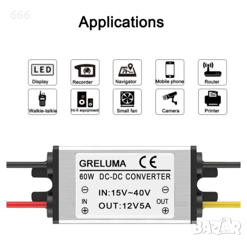 Greluma 1 бр. DC 24v към 12v понижаващ конвертор, редуктор-регулатор, захранващ адаптер 5A 60W, снимка 3 - Друга електроника - 53874007