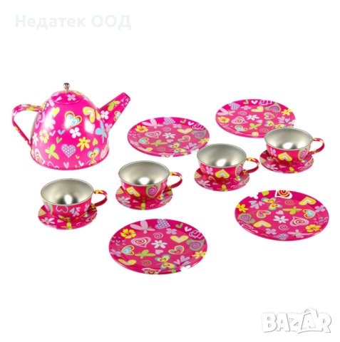 Комплект чайник, чаши и чинийки за деца, специален модел, метал, 14 части