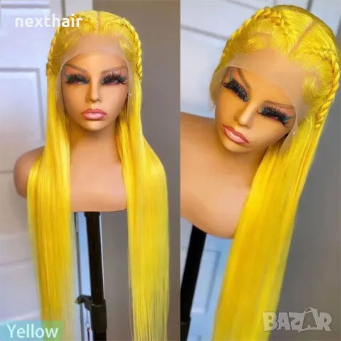 Права жълта перука с дантела лейс фронт, снимка 7 - Аксесоари за коса - 48009135
