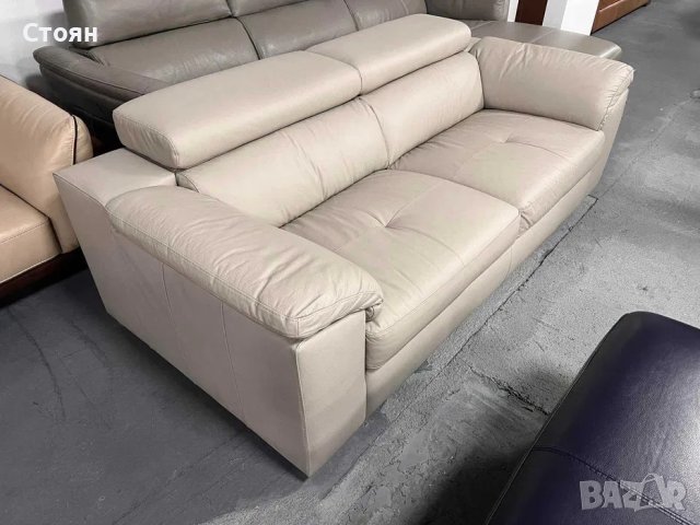 Сив кожен диван тройка с подвижни облегалки, снимка 4 - Дивани и мека мебел - 40781111