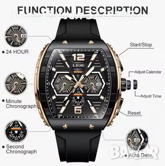 LIGE Кварцов ръчен часовник,Водоустойчив спортен часовник,Силиконова каишка,Хронограф, снимка 5 - Мъжки - 48425986