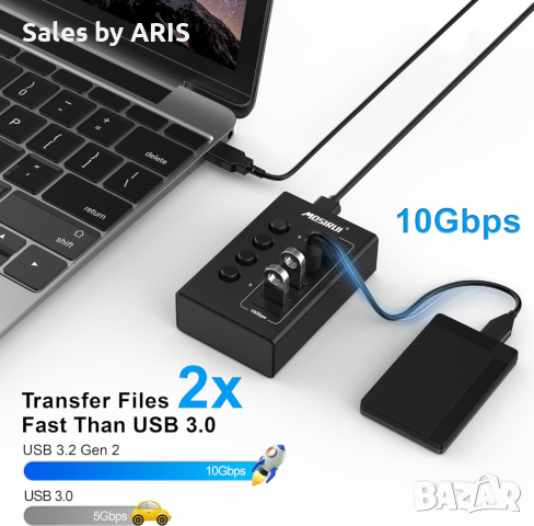 4-портов USB хъб: USB 3.2, с 4×10Gbps Порта, Алуминиев Сплитер, снимка 3 - Друга електроника - 44642401