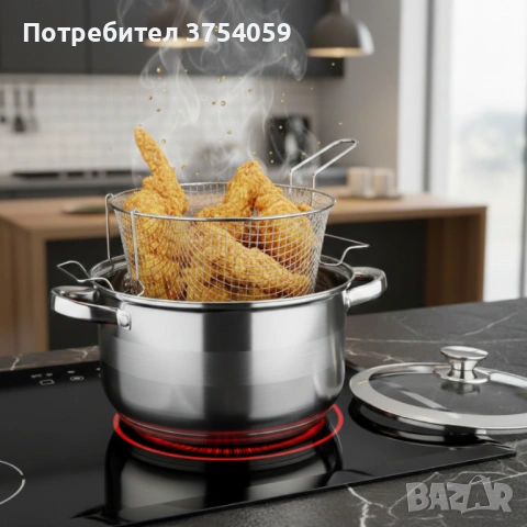 Тенджера с кошница за пържене и стъклен капак Cheffinger Ø24 см–инокс,6,5 л,за всички котлони, снимка 2 - Съдове за готвене - 53174437