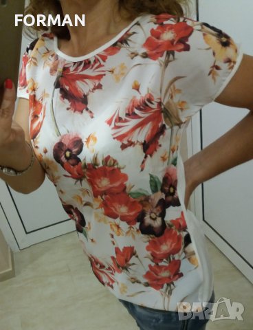 Бяла блуза на червени цветя, снимка 3 - Тениски - 41057506