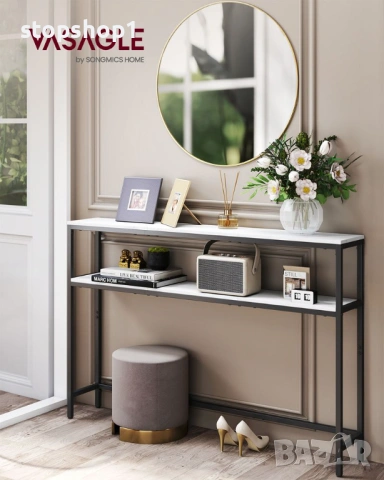 VASAGLE 2-етажна конзолна маса за коридор, мраморно бяло и мастилено черно