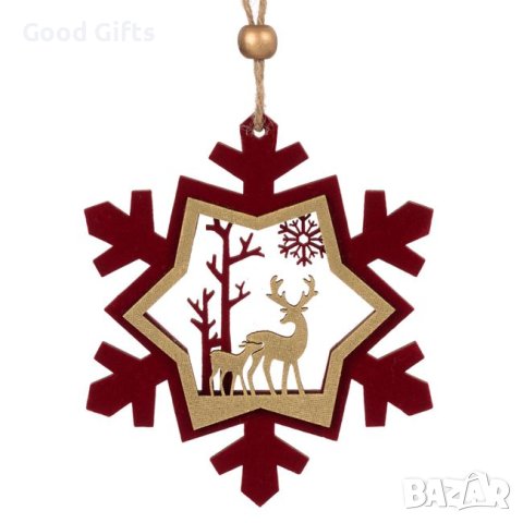 5 броя Дървени коледни висулки за елха, Снежинка с елен и сърна, 11см, снимка 2 - Декорация за дома - 42700190
