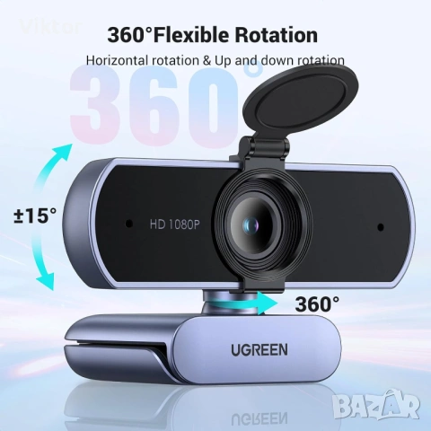 Уеб камера UGREEN CM678,1080P/30fps, 85° зрително поле, 360° ротация, снимка 2 - IP камери - 53595691