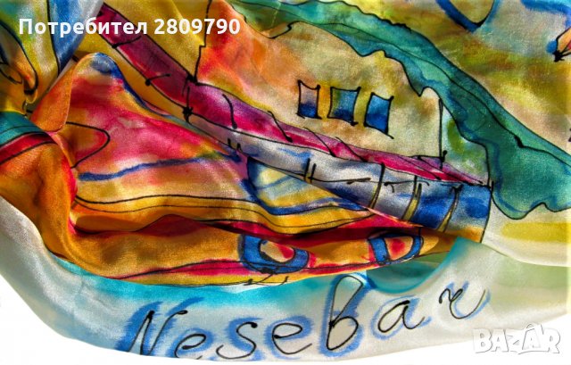 Оригинален копринен шал с градски мотиви на червена лодка в пристанището на Несебър / Original Scarf, снимка 2 - Шалове - 34758777