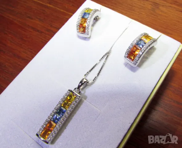925 сребърен комплект обеци и колие със сапфир и топаз подходяща за подарък, снимка 1