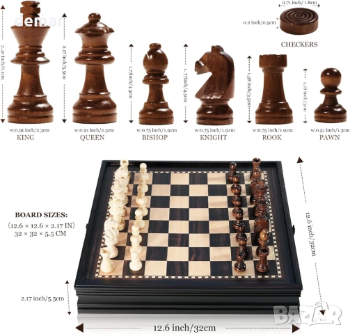 Дървен шахматен комплект магнитен – 2 в 1 шахматна дъска 32 см, 34 фигури Staunton, снимка 6 - Шах и табла - 53827022
