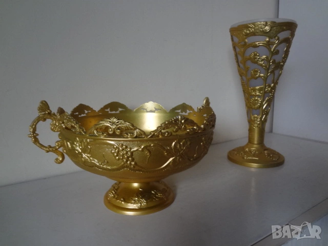 Метална ваза + метална купа, снимка 3 - Антикварни и старинни предмети - 53077813