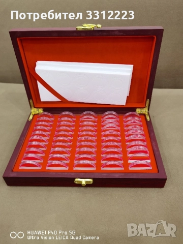 Дървена кутия за 50 бр монети + капсули + уплътнители за съхранение на монети