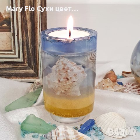 Морски шарм: Епоксидна смола и естествени морски елементи в свещник, снимка 1