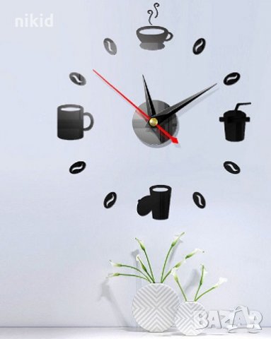  черен чаши зърна кафе стенен часовник уникален атрактивен дизайн 3D за кухня или кафене заведение, снимка 1 - Други - 35872375