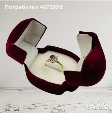 Златен пръстен с диаманти и рубин 14к, снимка 2 - Пръстени - 53266122