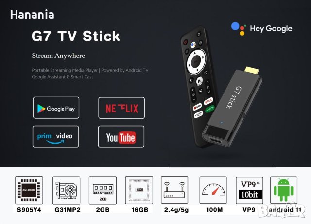 ТВ Стик G7 4K TV Stick, Smart Tv Box, Android TV 11, IPTV, Amlogic CPU, снимка 5 - Приемници и антени - 41622216