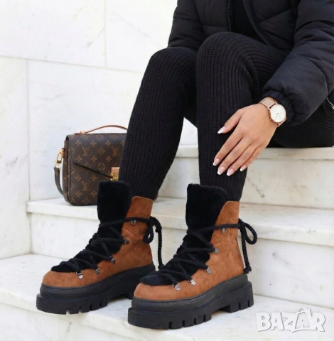 Боти на платформа - кафяво и черно велур