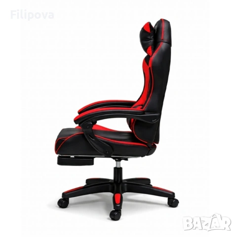 Удобен геймърски стол с поставка за крака и масажна лумбална възглавница, Черно-червен, снимка 7 - Столове - 53443491