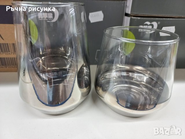 Комплект стъклени чаши за уиски и чаши за вода със сребристо дъно 