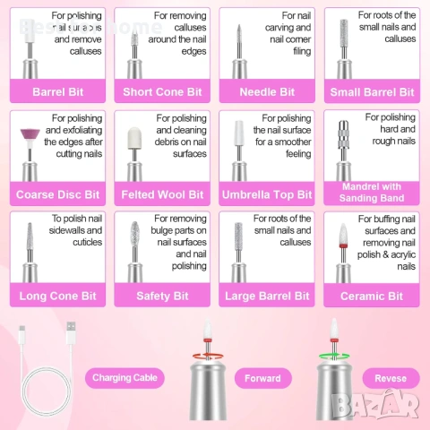 XEEUEX Електрическа пила за нокти, 12-в-1, 25000 об/мин, 5-скоростна, снимка 7 - Педикюр и маникюр - 53245739