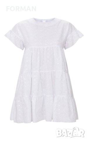Бяла рокля с лазерна дантела с волани и къдрички на раменете , снимка 5 - Рокли - 41181967