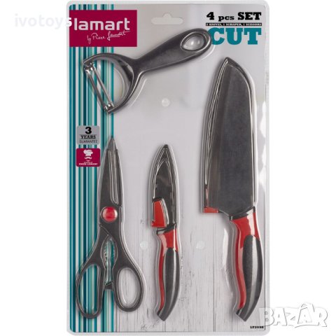 Комплект от 2 ножа, ножица и белачка LAMART LT2098, Черен/Червен, снимка 1 - Прибори за хранене, готвене и сервиране - 41515421
