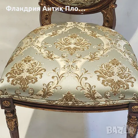 Класически стол в стил Луи XVI с дамаска в златисто и светлосиньо, снимка 6 - Столове - 49648910