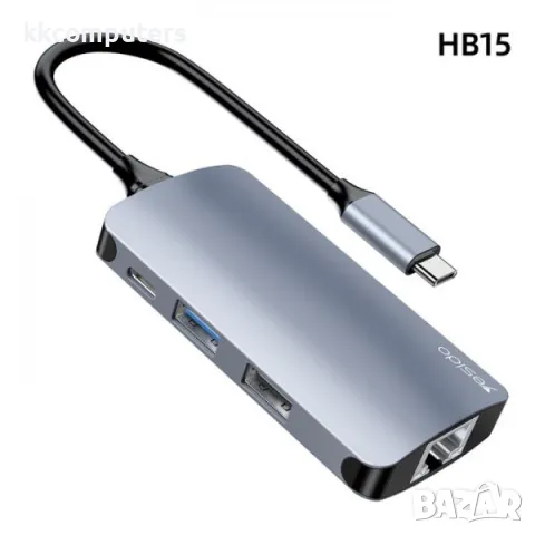 Yesido HB15 HUB адаптер 6в1 /LAN 100Mbps , SD, TF, USB 3.0, PD 80W / Син / Баркод : 2403513