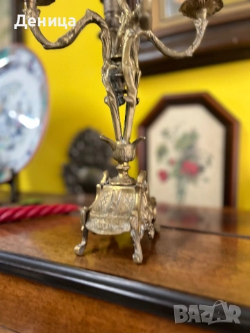 Масивен брознов или месингов свещник (канделабър) с пет гнезда  за свещи  Ар Нуво с богати орнаменти, снимка 9 - Други - 53490215