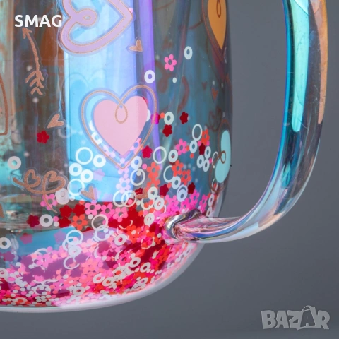 Стъклена двустенна чаша с неонови сърца, 350 мл_1253325, снимка 2 - Чаши - 53418833