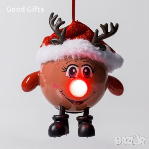 3 броя LED светеща коледна топка Коледен елен с шапка, 7.5см