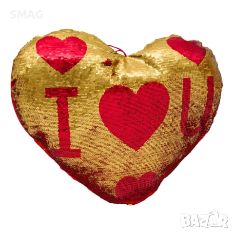Декоративна възглавница с магически пайети „I Love You“ – червено-златна 51x44 см_1190207, снимка 3 - Декорация за дома - 53383143
