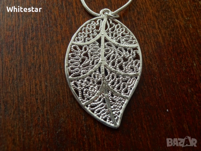 Посребрен дамски комплект, колие и обеци "Листо", снимка 2 - Колиета, медальони, синджири - 53634833