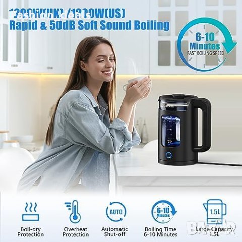 Нов 1,5-литров електрически чайник кана със син светодиод Дом Кухня, снимка 2 - Други - 42441840