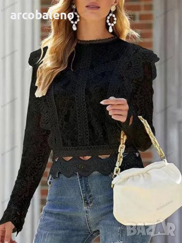 Дамска едноцветна блуза с бродирана дантела, 3цвята , снимка 7 - Блузи с дълъг ръкав и пуловери - 39474960